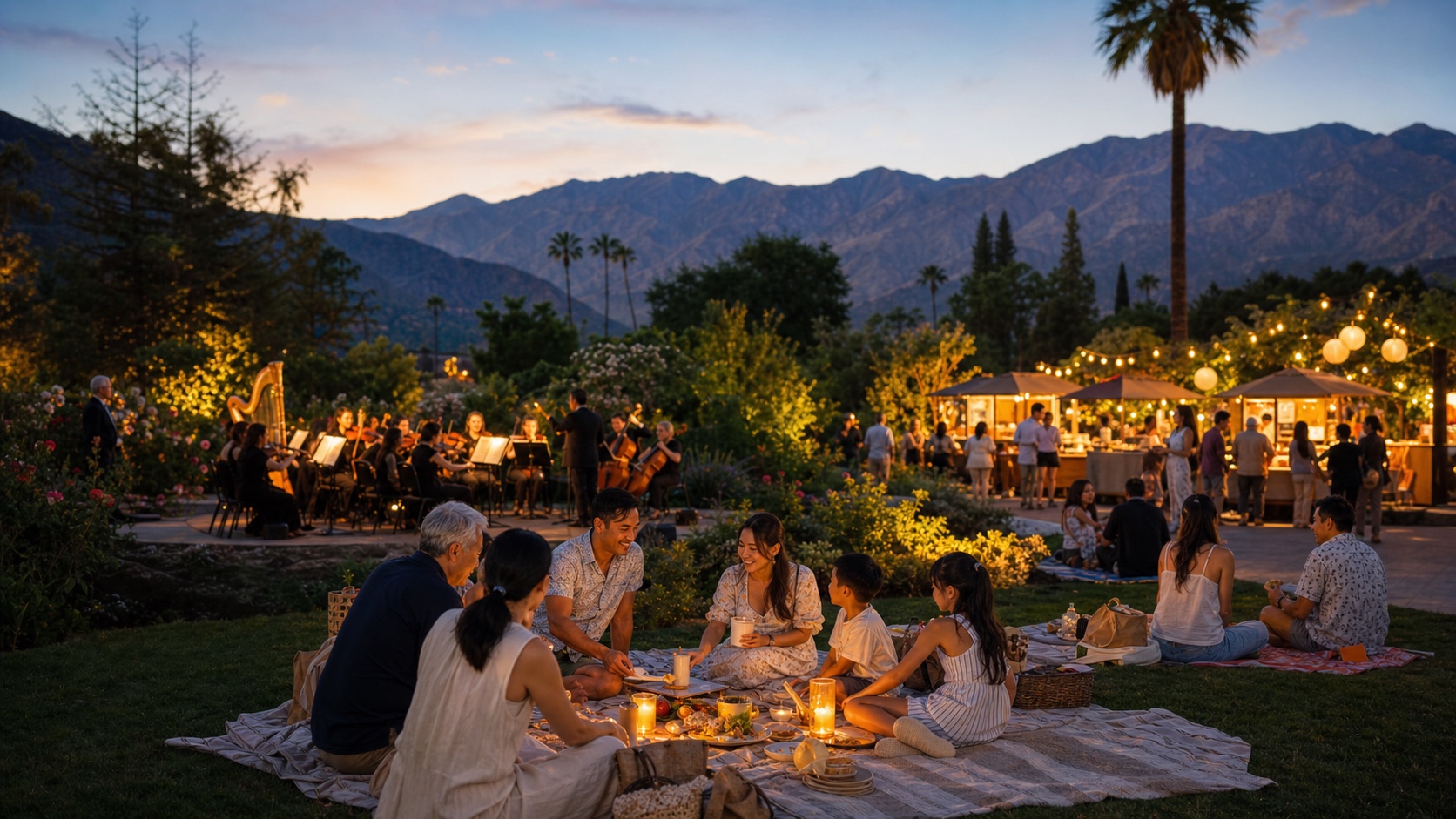 Family and friends sharing a summer picnic near garden music and softly lit food stalls beneath the San Gabriel Mountains