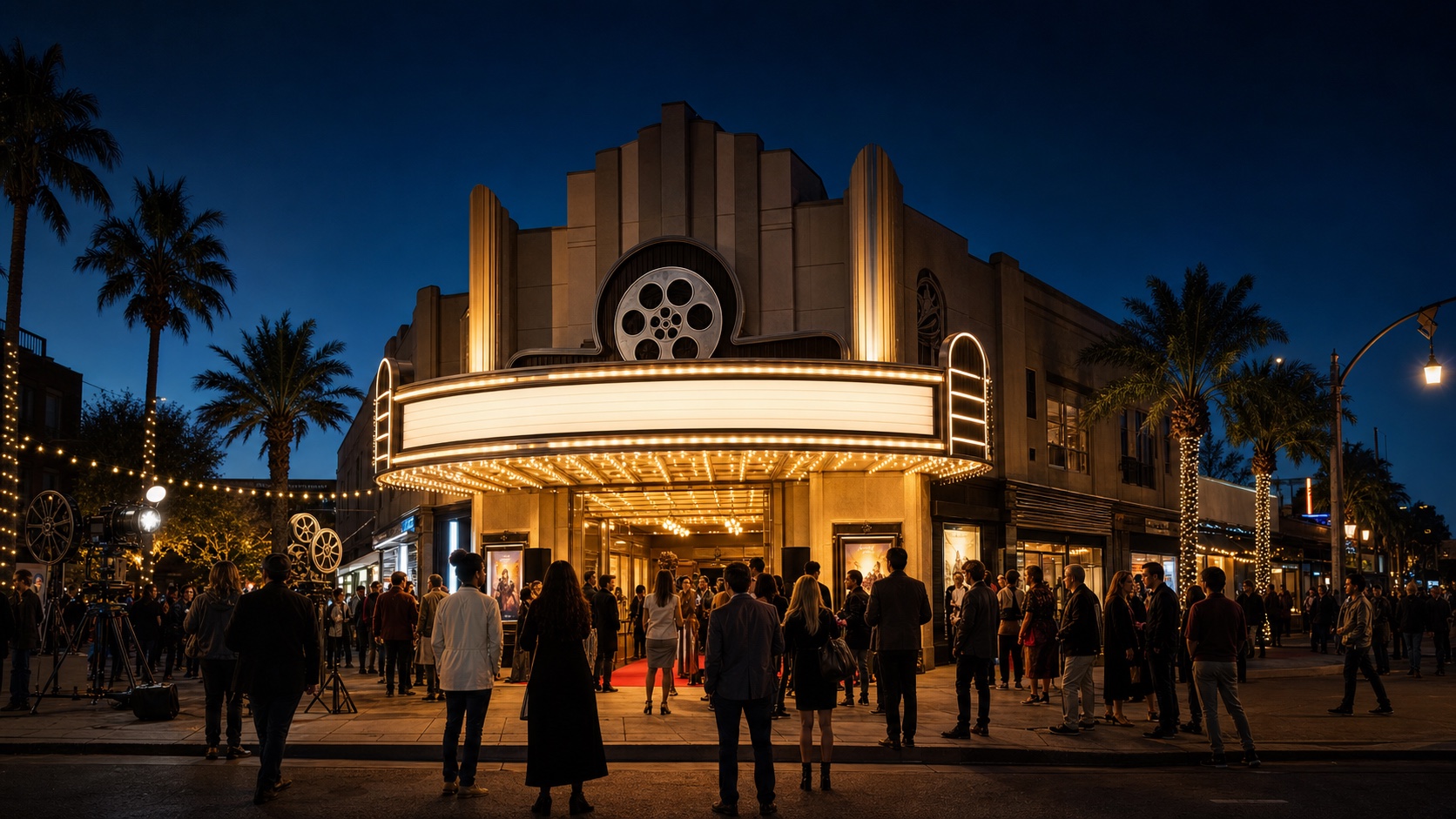 Moviegoers arriving at a warmly lit cinema in a palm-lined Southern California downtown at night