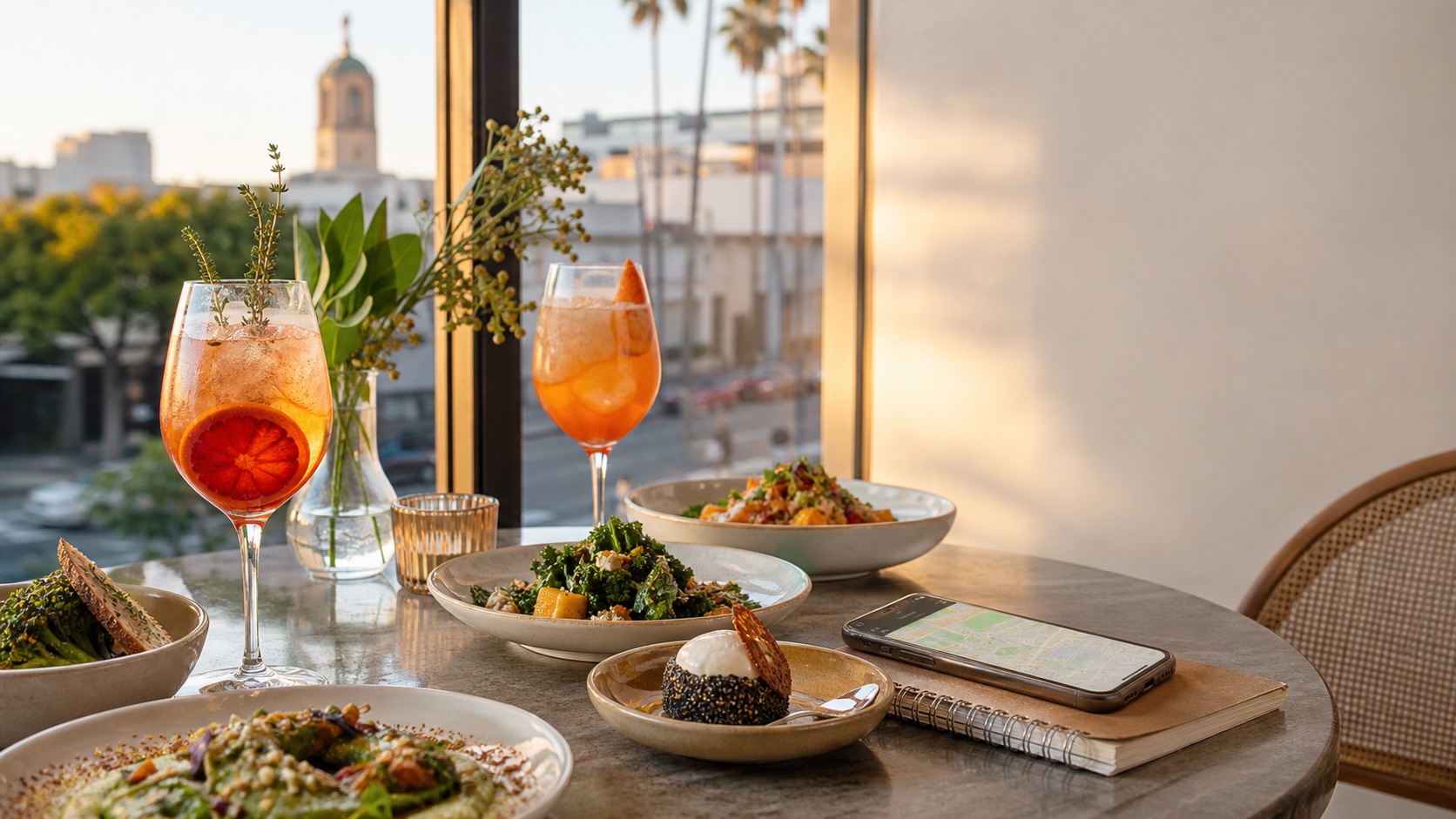 Golden-hour restaurant table with spritz drinks, seasonal plates, and a city dining view