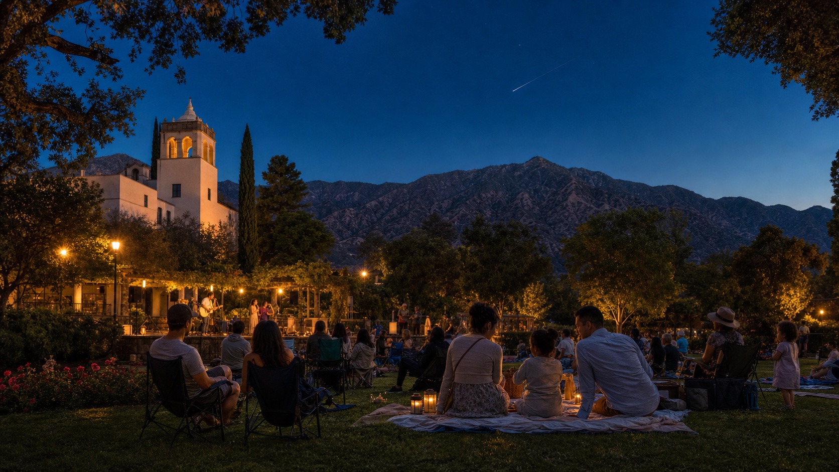 Families and friends enjoying outdoor music beneath the Glendale foothills on a clear summer evening