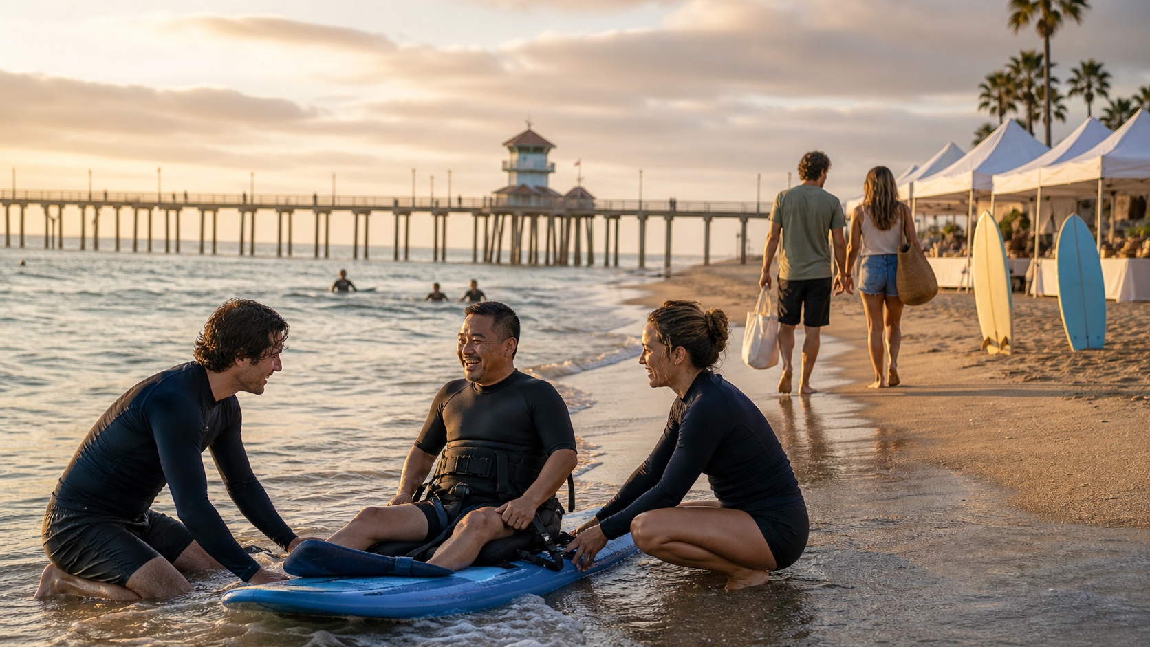 Adaptive surfer and volunteers at the Huntington Beach shoreline with swimmers, the pier, and a small coastal market at sunset