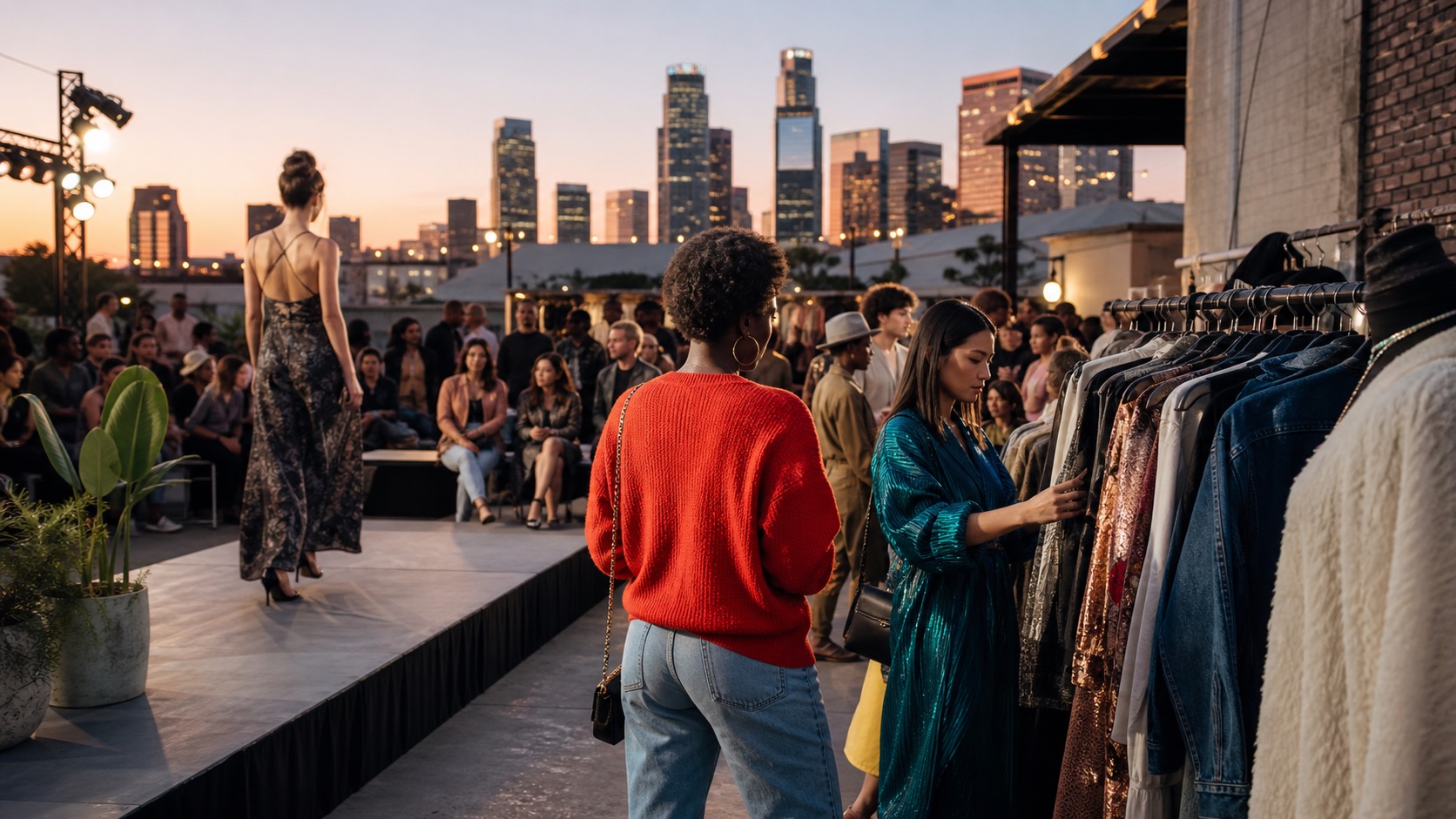 Downtown Los Angeles fashion event with a runway, clothing racks, and local shoppers