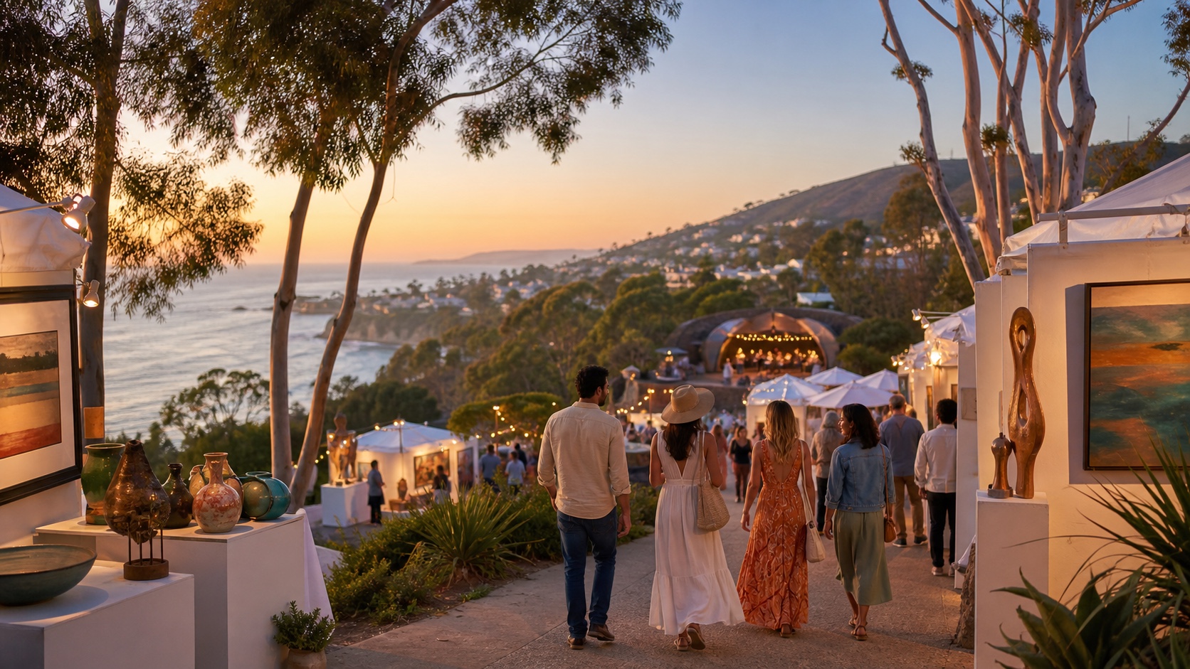 Friends walking through an open-air Laguna Beach art festival above the Pacific at golden hour