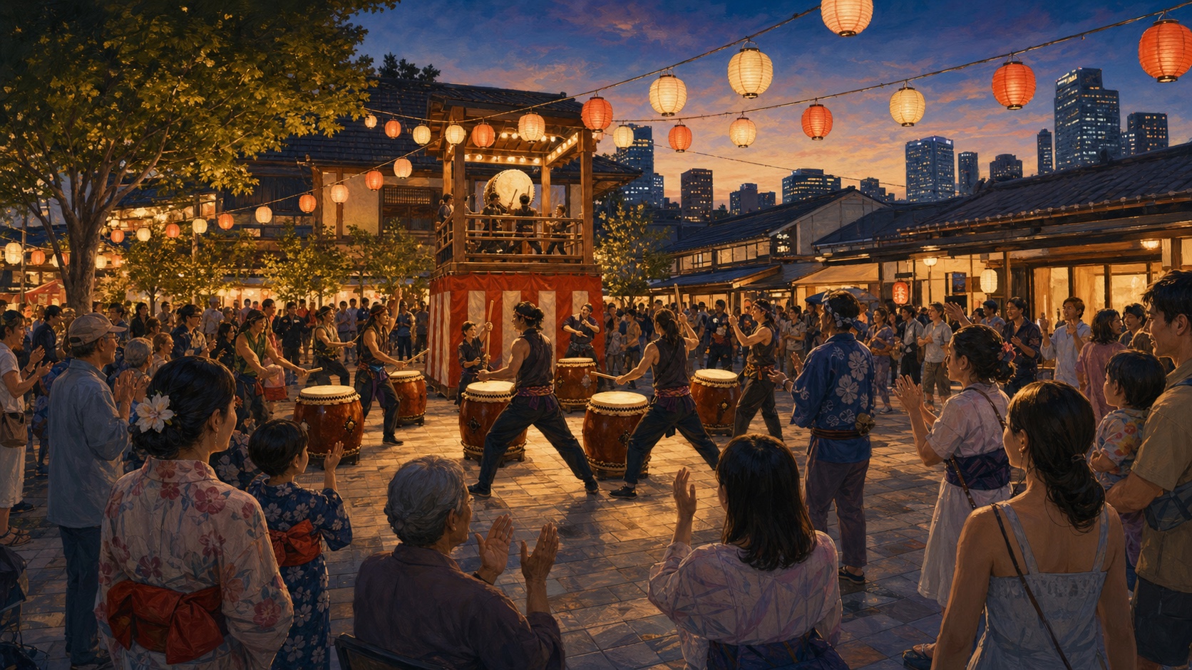 Painterly evening illustration of a multigenerational crowd watching taiko drummers beneath lanterns