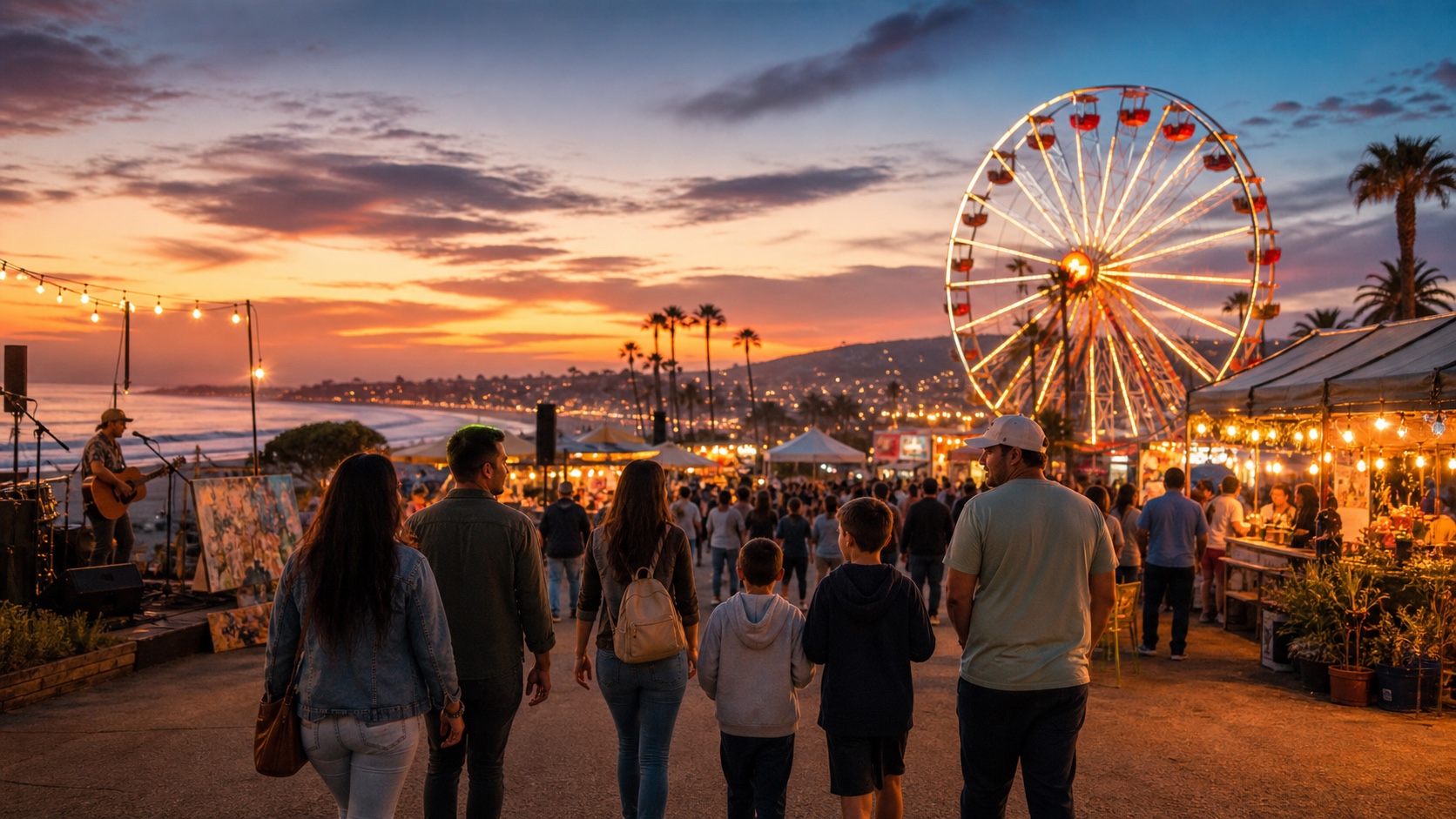 Families and friends walking through a coastal Orange County fair with live music, local art, food stalls, and a Ferris wheel at sunset
