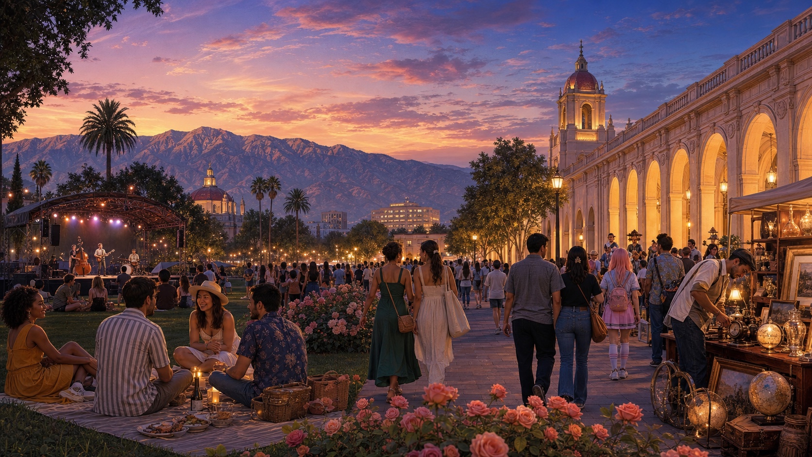 A Pasadena summer evening with outdoor music, picnicking, roses, and a vintage market beneath the San Gabriel Mountains