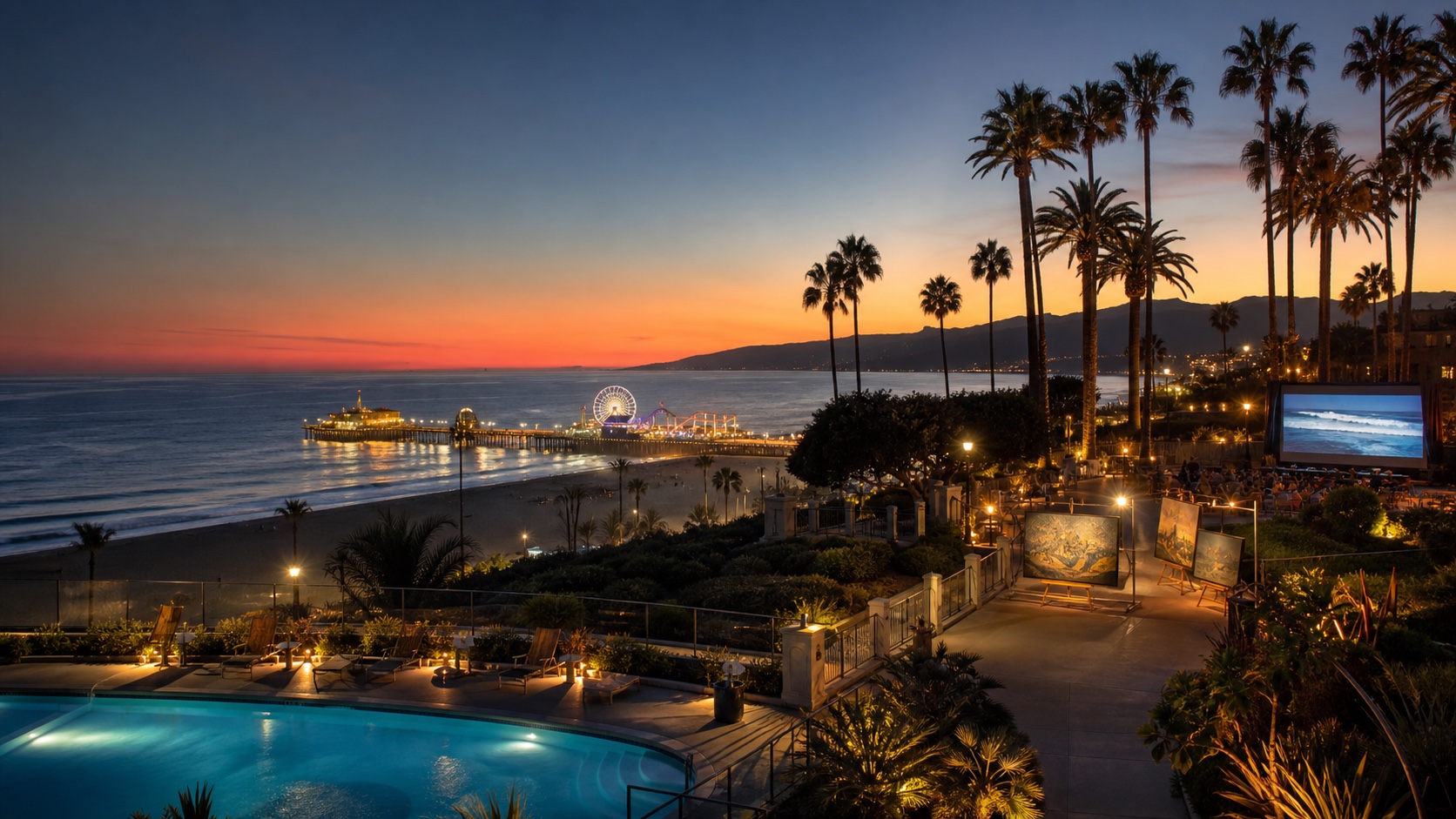 Santa Monica Pier and beach at sunset with an evening pool, coastal art walk, and outdoor movie nearby