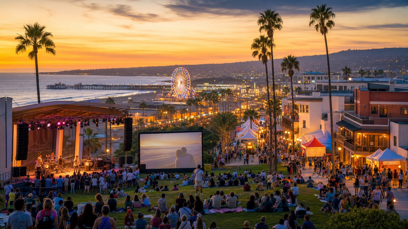 Southern California summer evening with an outdoor concert, waterfront film, fair wheel, and street festival