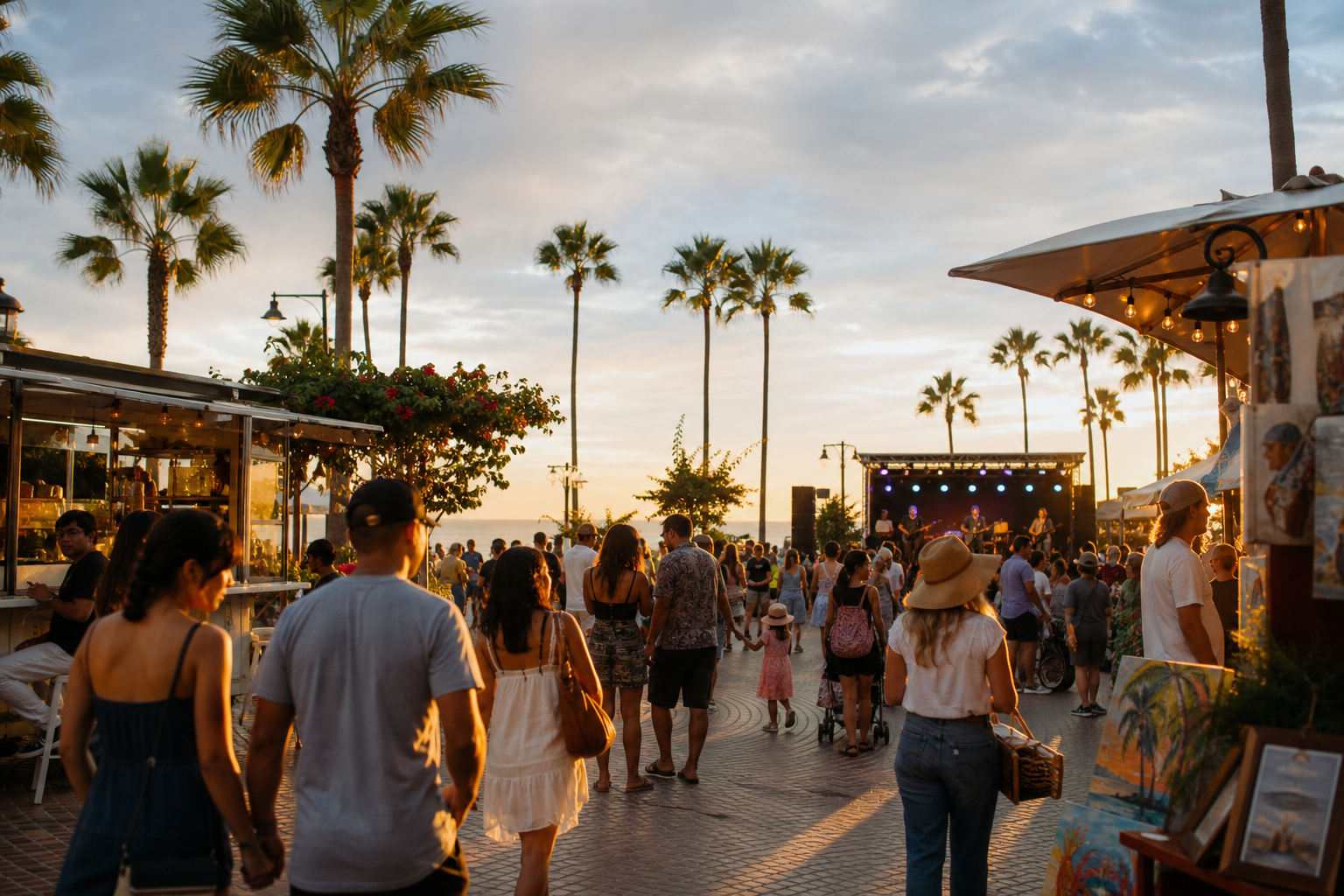 A Southern California coastal festival at golden hour with food stands, local art, live music, and families walking among palm trees