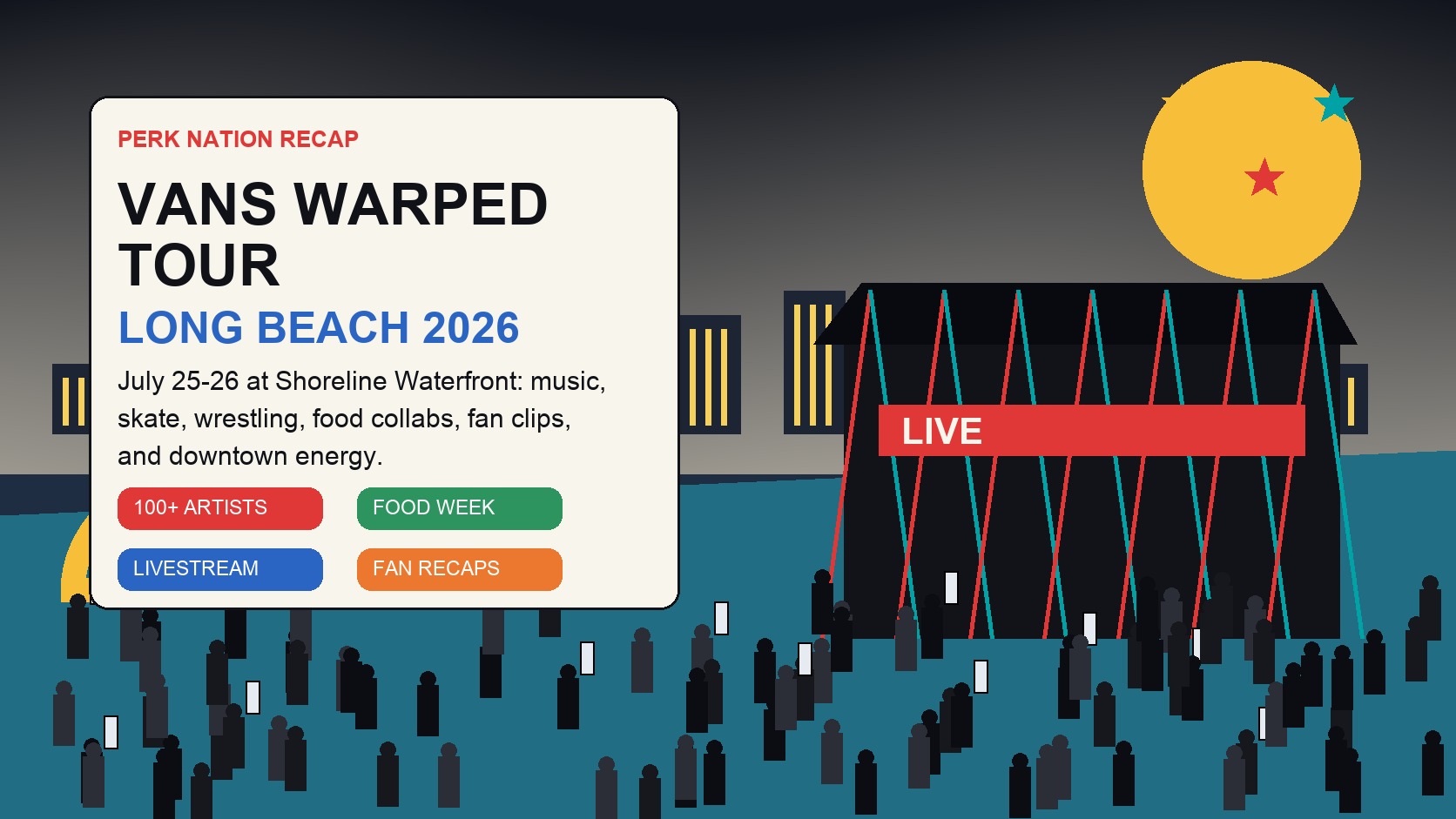 Perk Nation illustration of Vans Warped Tour Long Beach 2026 with a waterfront stage, skate ramp, food map, and fan phones