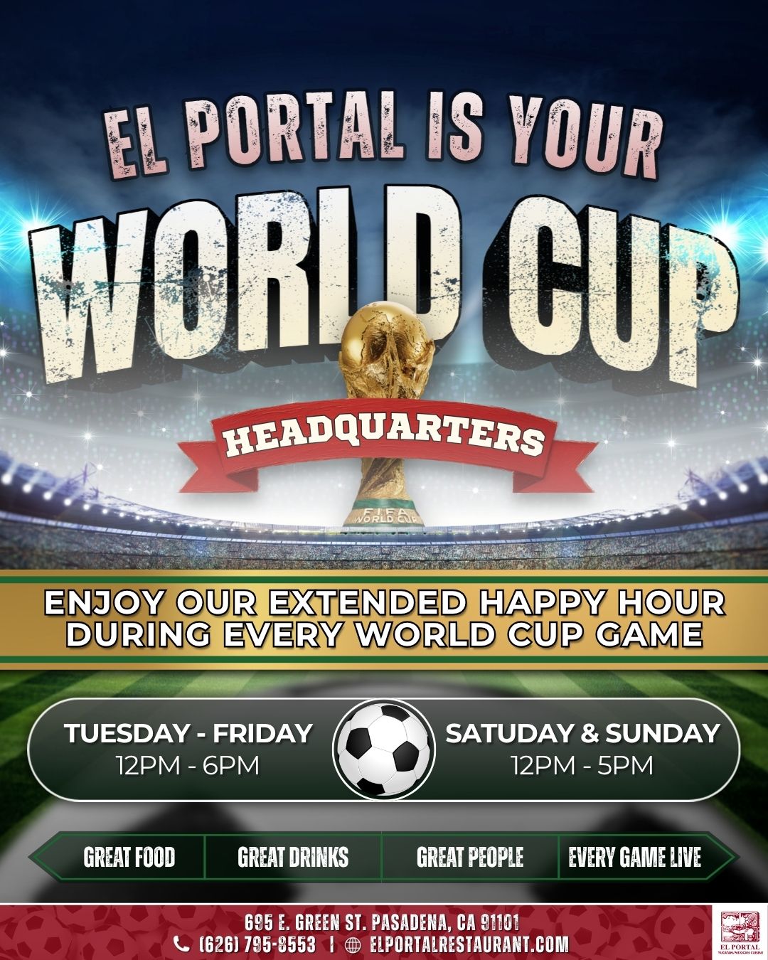 El Portal World Cup headquarters flyer with happy hour hours